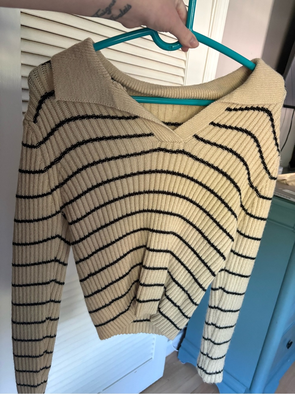 Cream Striped V-Neck Sweater - Classic Casual